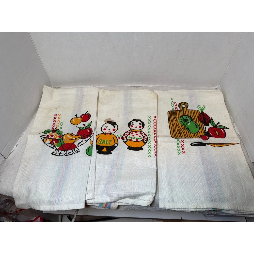 VTG 70 Set of 3 Tosco Printed Kitchen Ramie Tea Towels Japan Themed 16